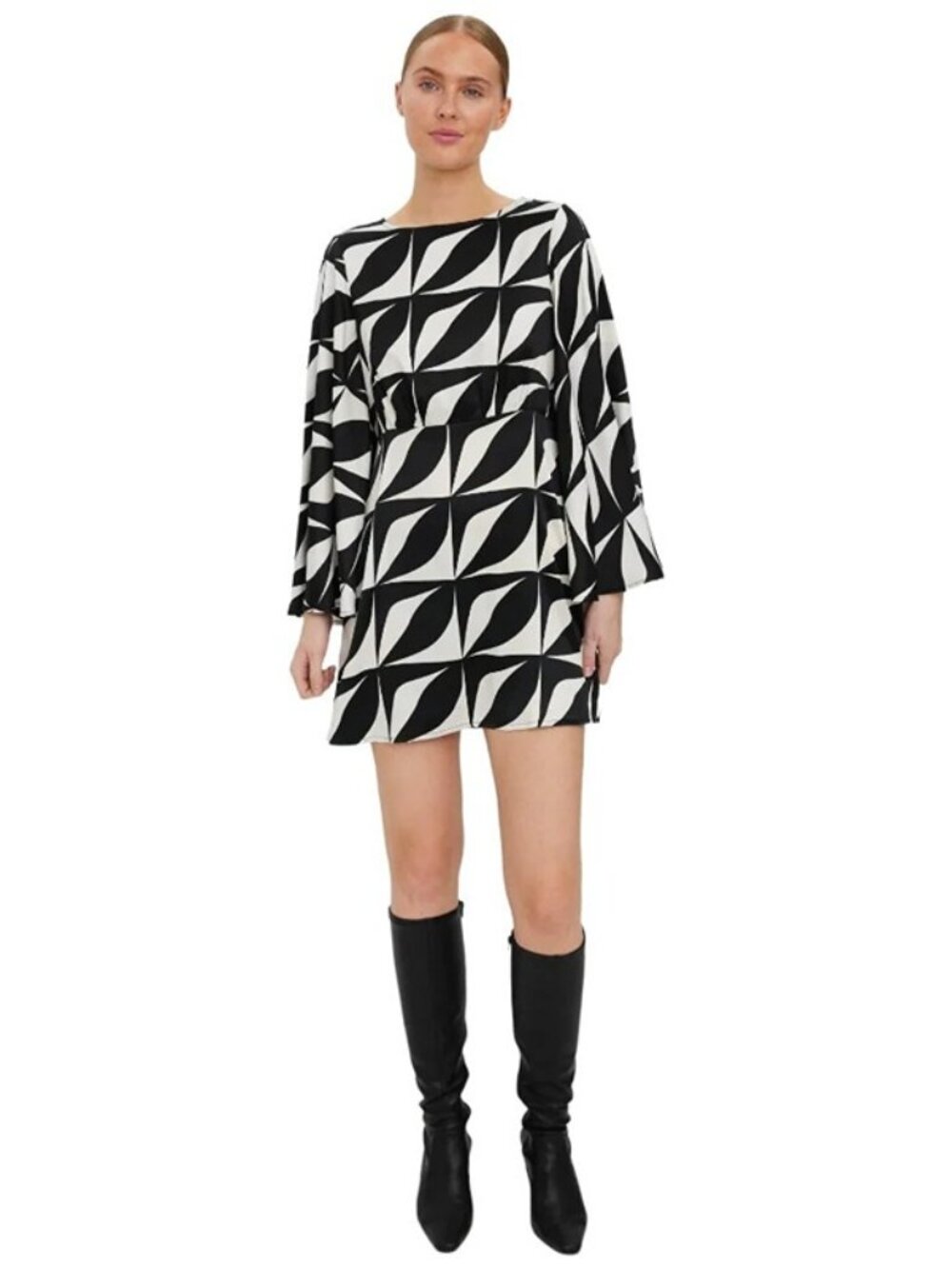 nwt VERO MODA Kypra Bell-Sleeve Satin Mini Dress in Black & Ivory Print - Small